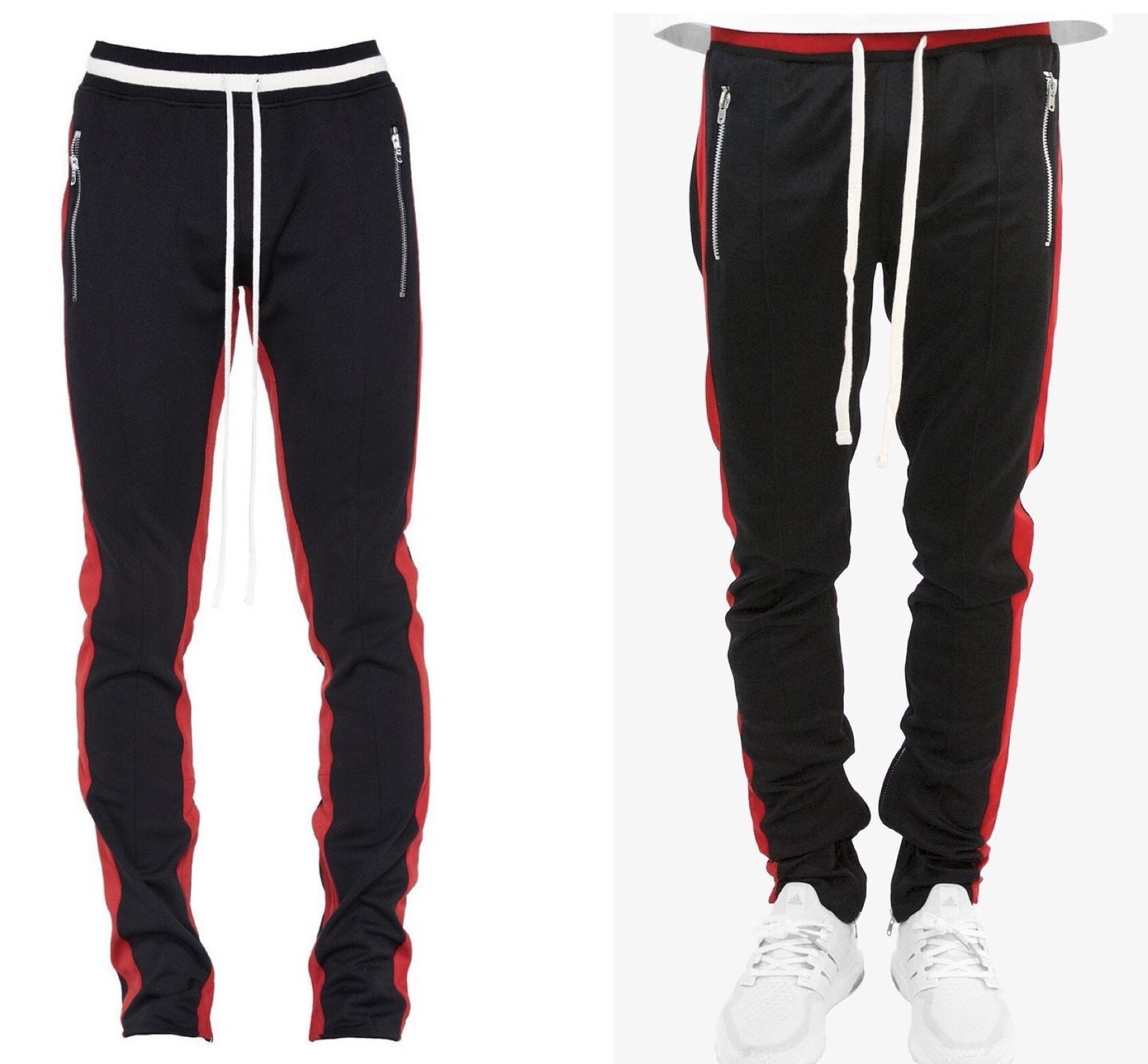 A side by side image of high-end sweatpants (left) versus recreated ones (right). You can see why fast-fashion brings in many consumers due to the high comparability on both products, but a significant reduction in price.